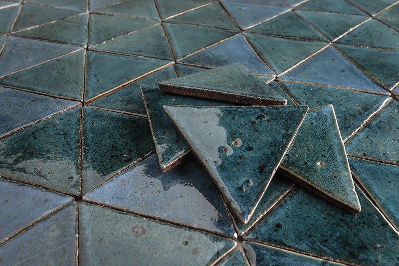 Handmade triangle tile Glassy blue greens RT327B 7C