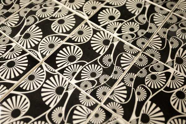 Hand-Printed Black and White Patterns on Square Tiles TR7BA4 9B
